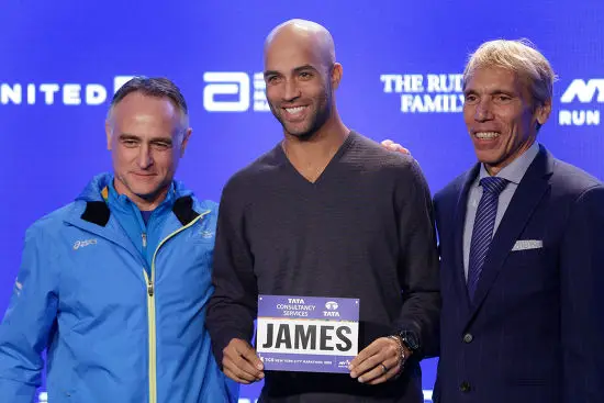 Michael Capiraso, left, posing with tennis star James Blake and NYC Marathon race director Peter Ciaccia in 2015
